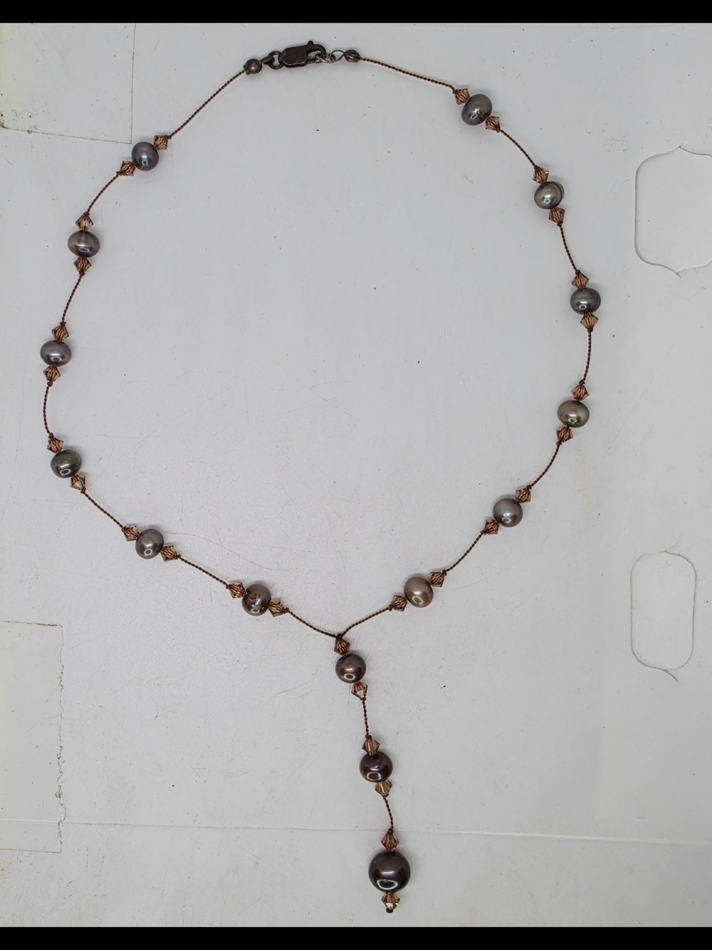 Vintage Czech Glass Bead Genuine Peacock Pearl Y Drop Necklace Goth Fairy Boho